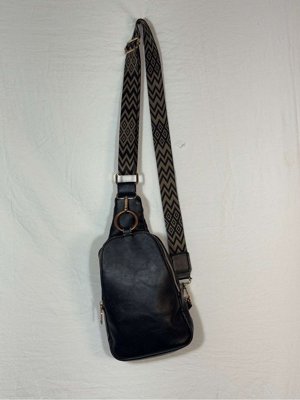 Black Sling Crossbody Bag Geometric Guitar Strap Gold Hardware Boho